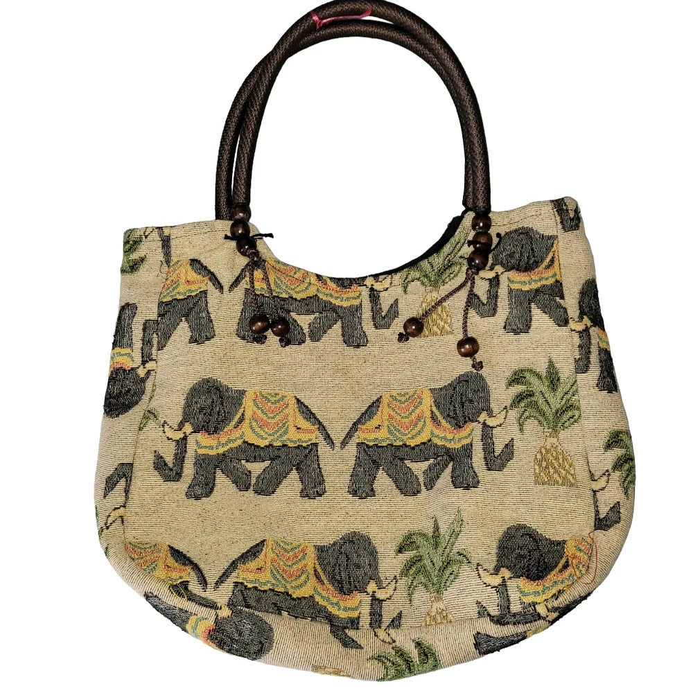Boho Elephant Tapestry Tote Bag - Woven Shoulder Bag Rope Handles & Bead Tassels